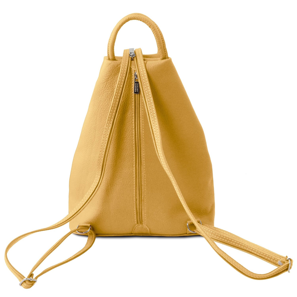 Vista laterale of giallo senape Shanghai Italian leather backpack showing the long strap e seam details.