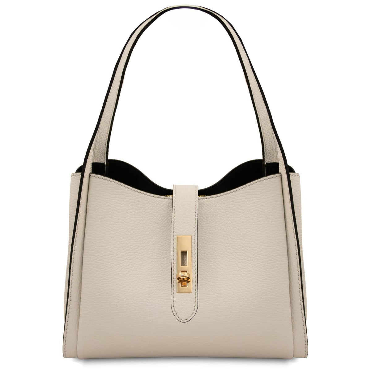 Beige texturosso leather hebag con nero edging e gold turn lock, structurosso tote con due manici.