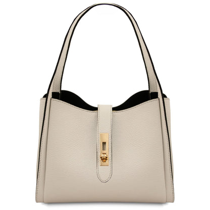 Beige texturosso leather hebag con nero edging e gold turn lock, structurosso tote con due manici.