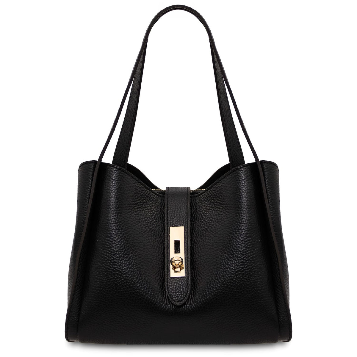 Nero pelle morbida hebag con due manici e a gold reccuoiogular clasp on the front.