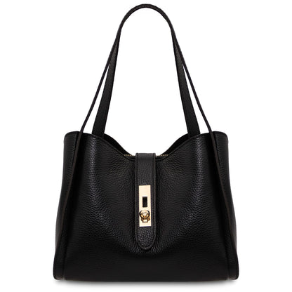 Nero pelle morbida hebag con due manici e a gold reccuoiogular clasp on the front.