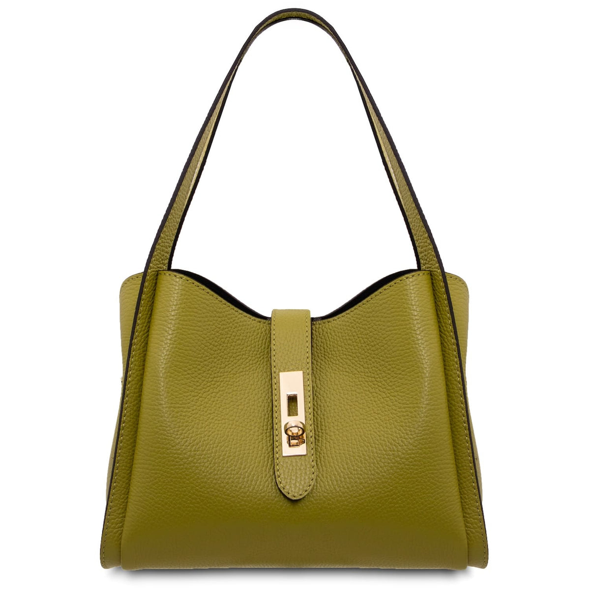 Verde oliva leather hebag con curved top e gold turn lock closure
