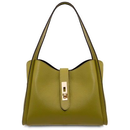 Verde oliva leather hebag con curved top e gold turn lock closure