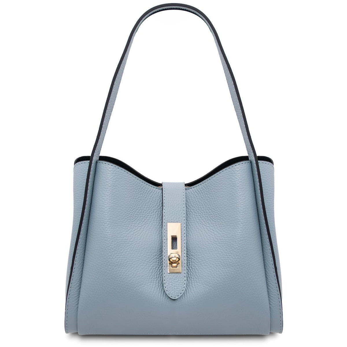Azzurro pebble leather hebag con two tone shoulder strap e gold turn lock clasp at center front