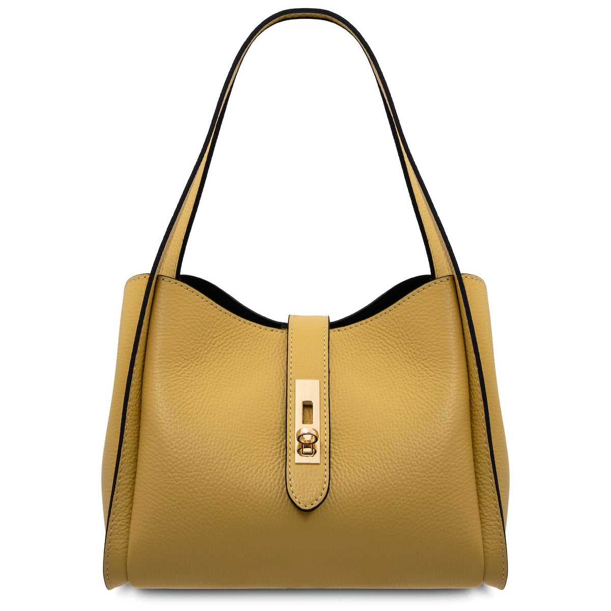 Vista frontale of mustard leather hebag con curved top, top strap e gold lock.