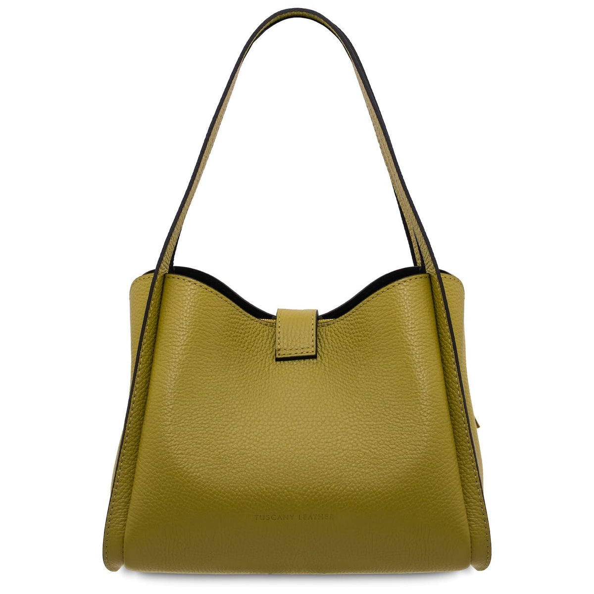 Vista frontale of giallo oliva leather hebag con bordo superiore curvo e a long shoulder strap.