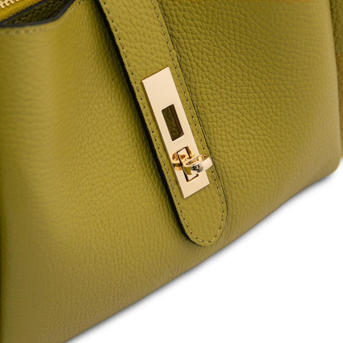 Primo piano of verde oliva strap con gold reccuoiogular plate e ring clasp on the Soave hebag.
