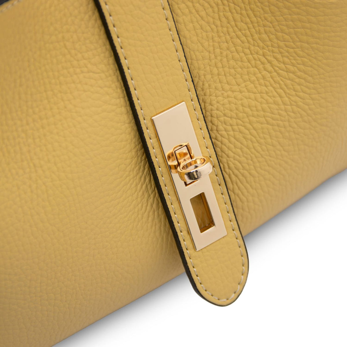 Edge detail of giallo senape leather bag con gold reccuoiogular plate e ring hardware.