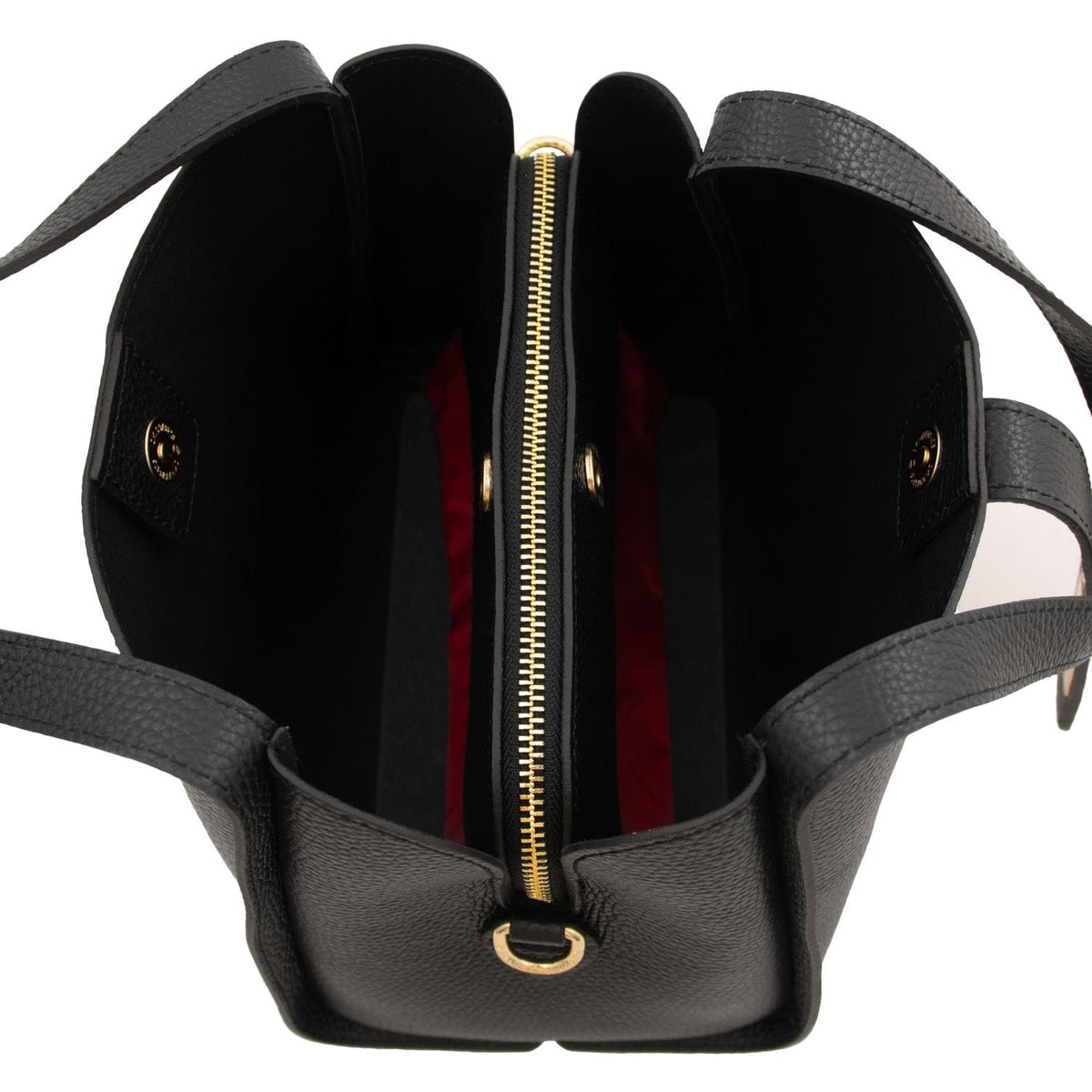 Vista interna of the Soave hebag showing two compartments e a divisorio centrale con zip con rosso lining