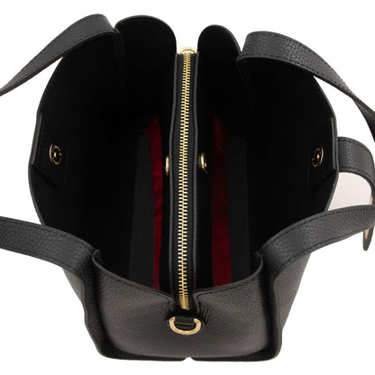 Vista interna of the Soave hebag showing two compartments e a divisorio centrale con zip con rosso lining