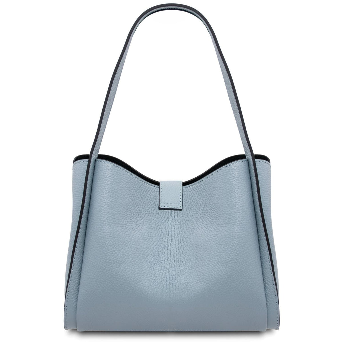 Vista frontale of azzurro pebble leather hebag con curved top e central strap closure