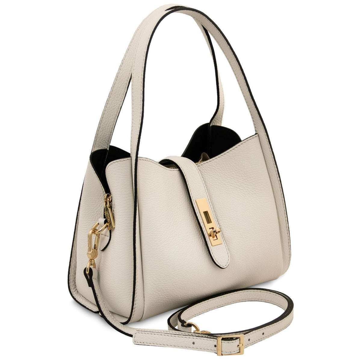 Beige pelle martellata hebag con doppi manici e a tracolla removibile finished con accessori metallici color oro