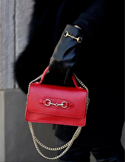 Rojo handbag with herrajes dorados held by a gloved hand against a blurred background