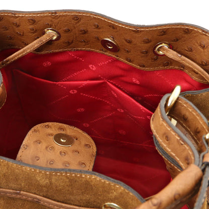 Ostrea – Beuteltasche aus Veloursleder und Leder mit Straußenprägung