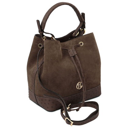 Ostrea – Beuteltasche aus Veloursleder und Leder mit Straußenprägung
