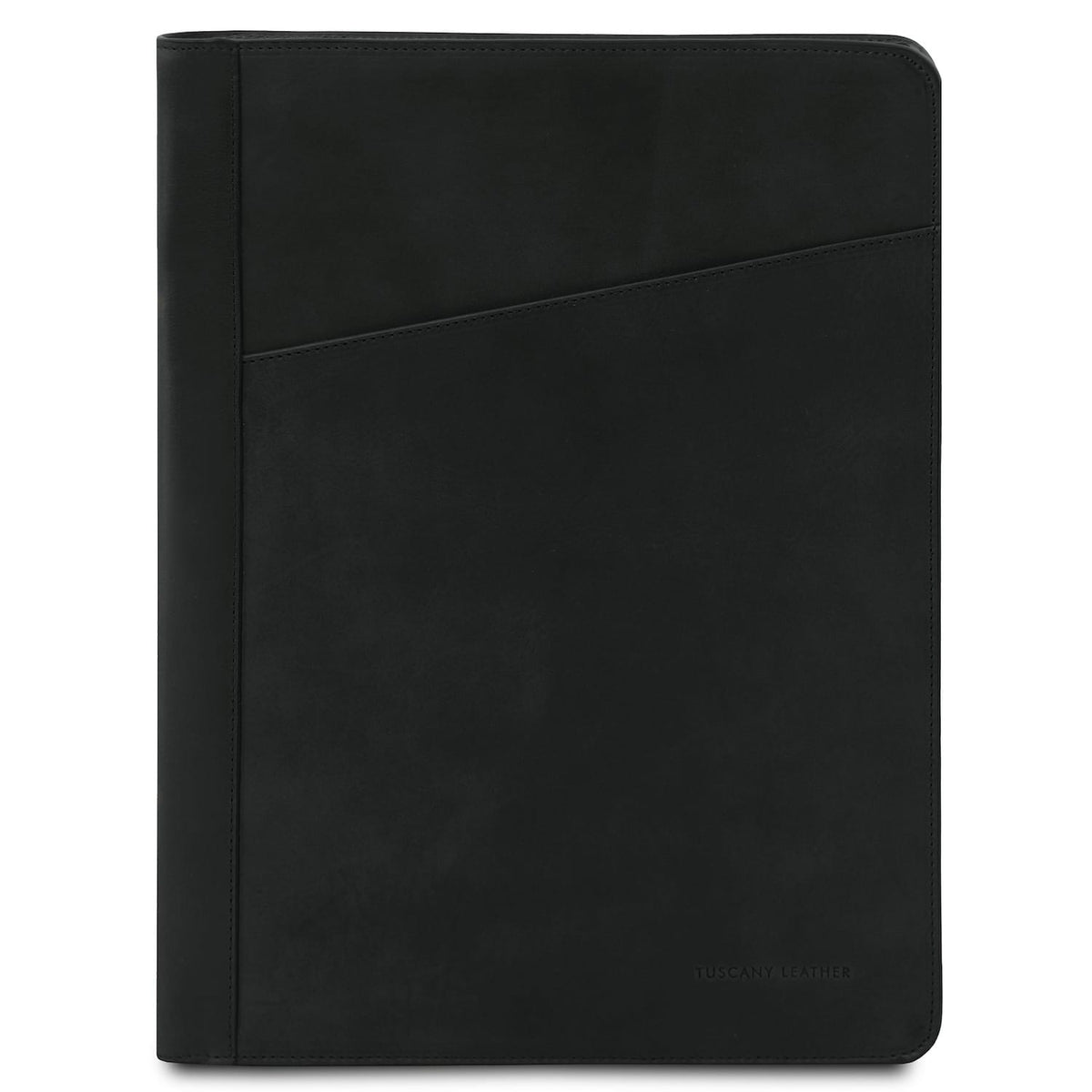 Black leather Tiberio document case closed with diagonal front pocket