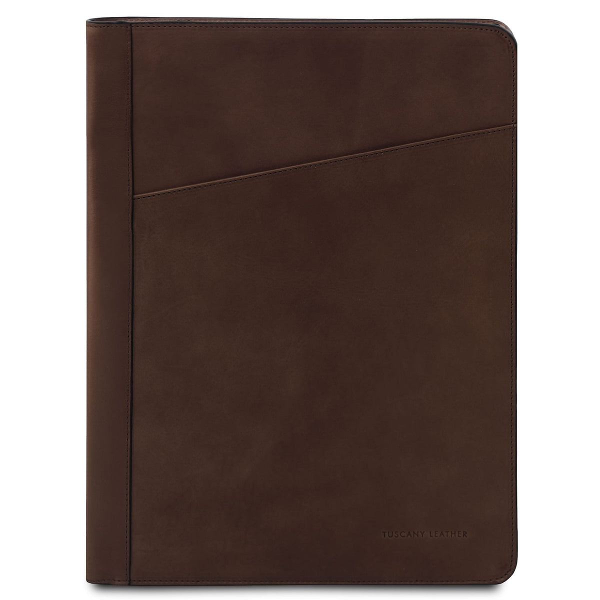 Front view of Tiberio brown leather document case with diagonal pocket and Tuscany Leather branding.