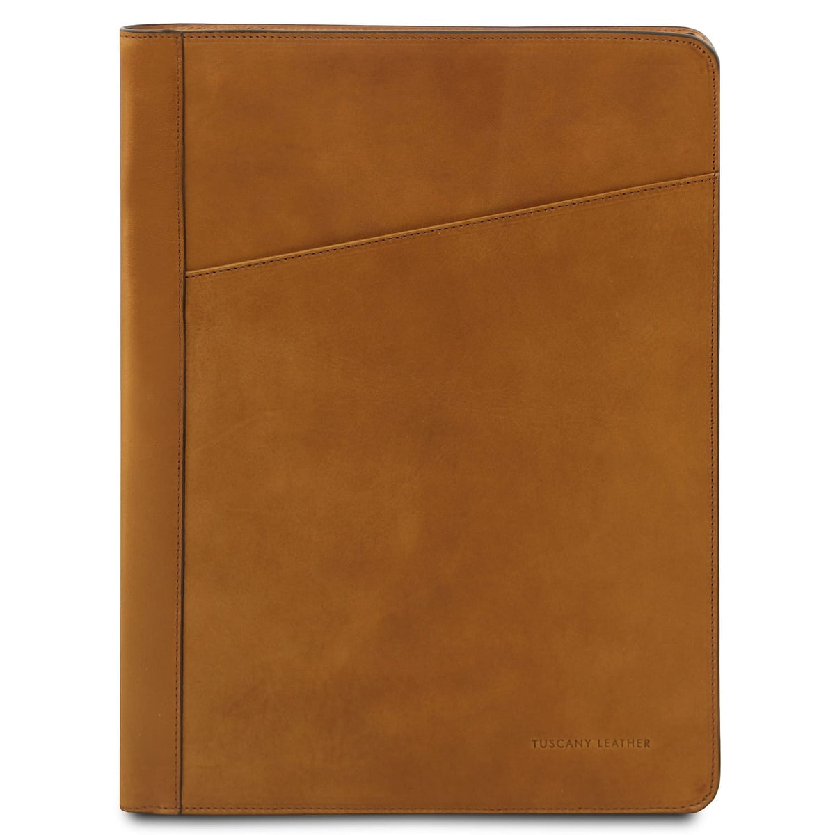 Front view of tan leather document case with diagonal panel and Tuscany Leather stamp