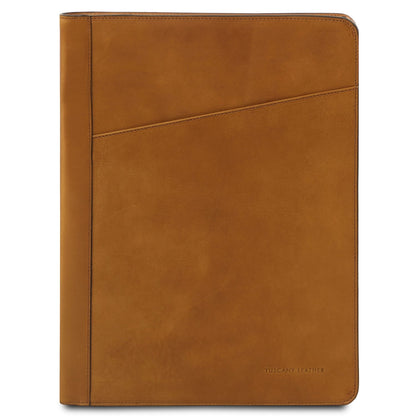 Front view of tan leather document case with diagonal panel and Tuscany Leather stamp
