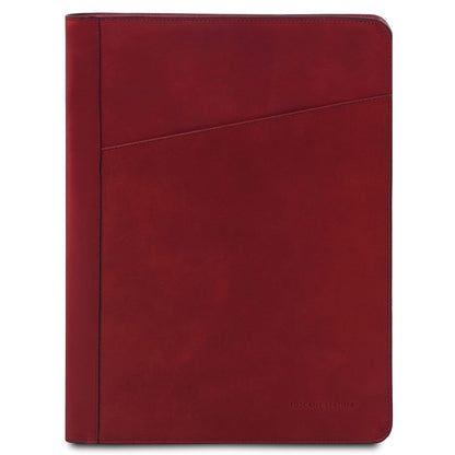 Tiberio red leather document case front view with diagonal stitched front pocket