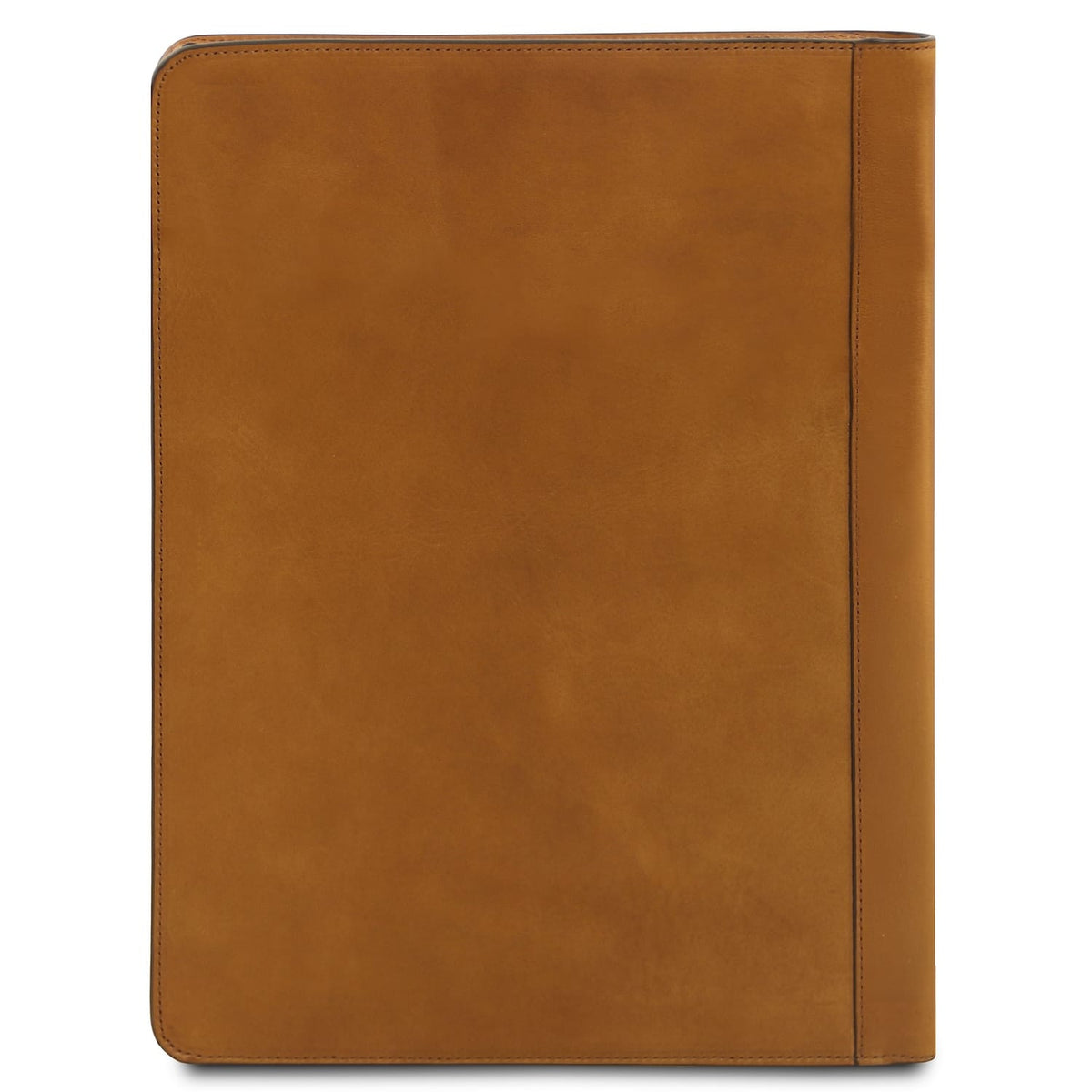 Front view of tan leather document case with smooth surface and stitched edges.
