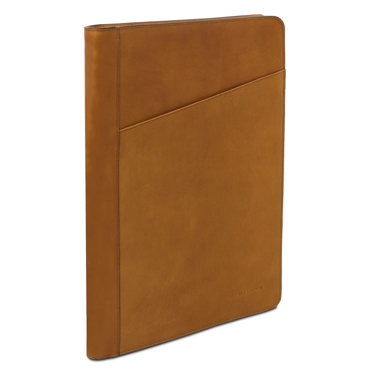 Tuscany Leather tan leather document case with diagonal front pocket and subtle stitching.