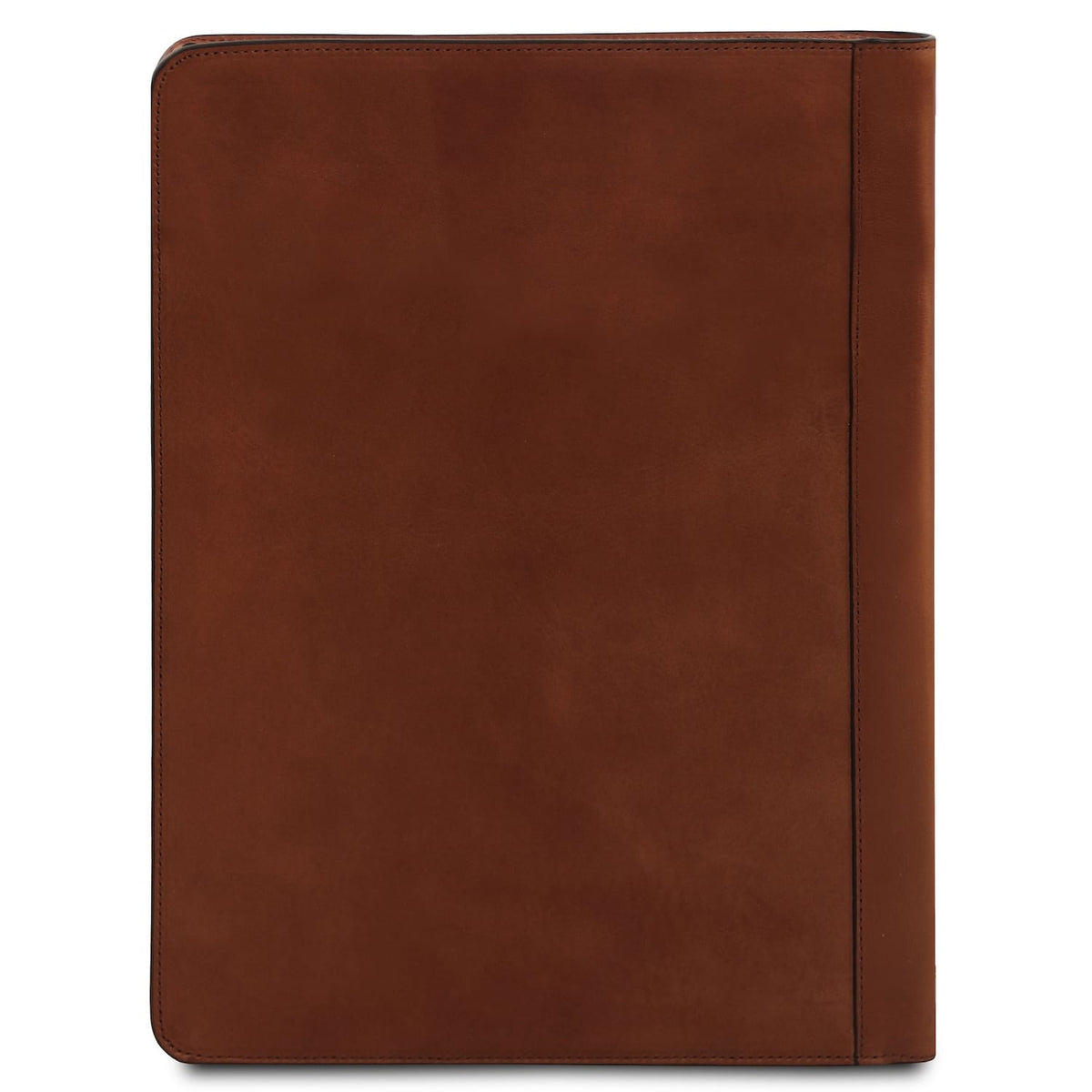 Tiberio leather document case in rich brown viewed from the side with rounded corners
