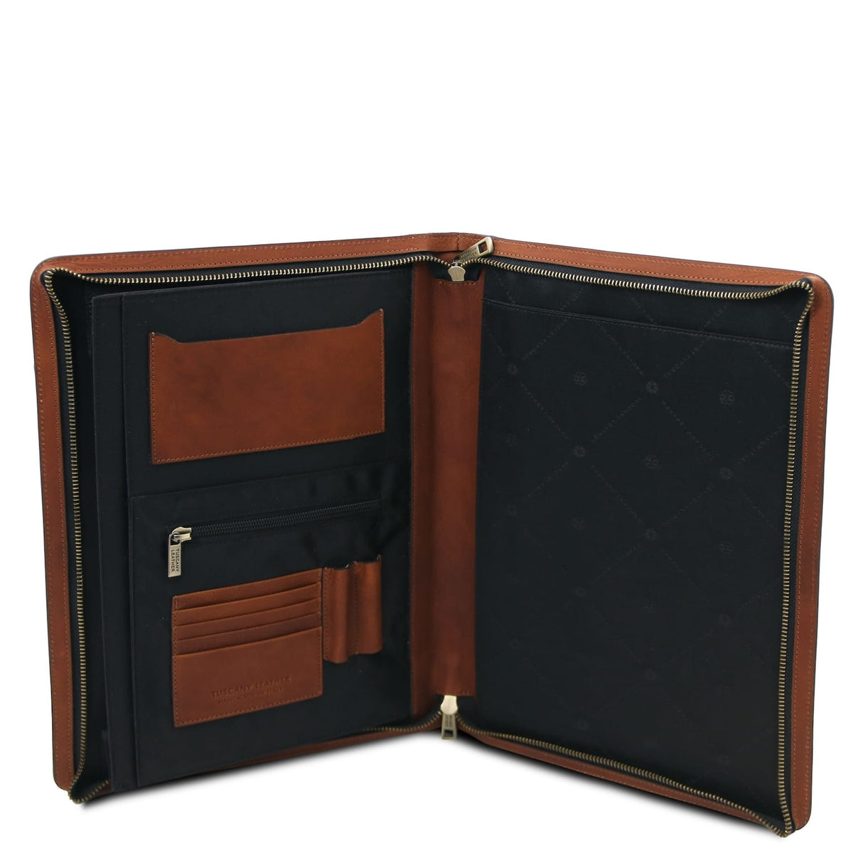 Open interior of the Tiberio leather case with tan card slots and a zip pocket against black lining