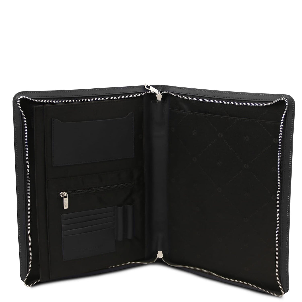 Open Tiberio leather document case interior with card slots and a zippered pocket