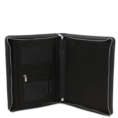 Open Tiberio leather document case interior with card slots and a zippered pocket