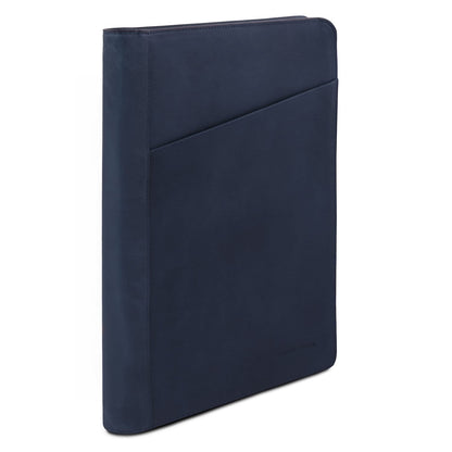 Side view of navy blue leather document case showing rounded edges and diagonal front pocket
