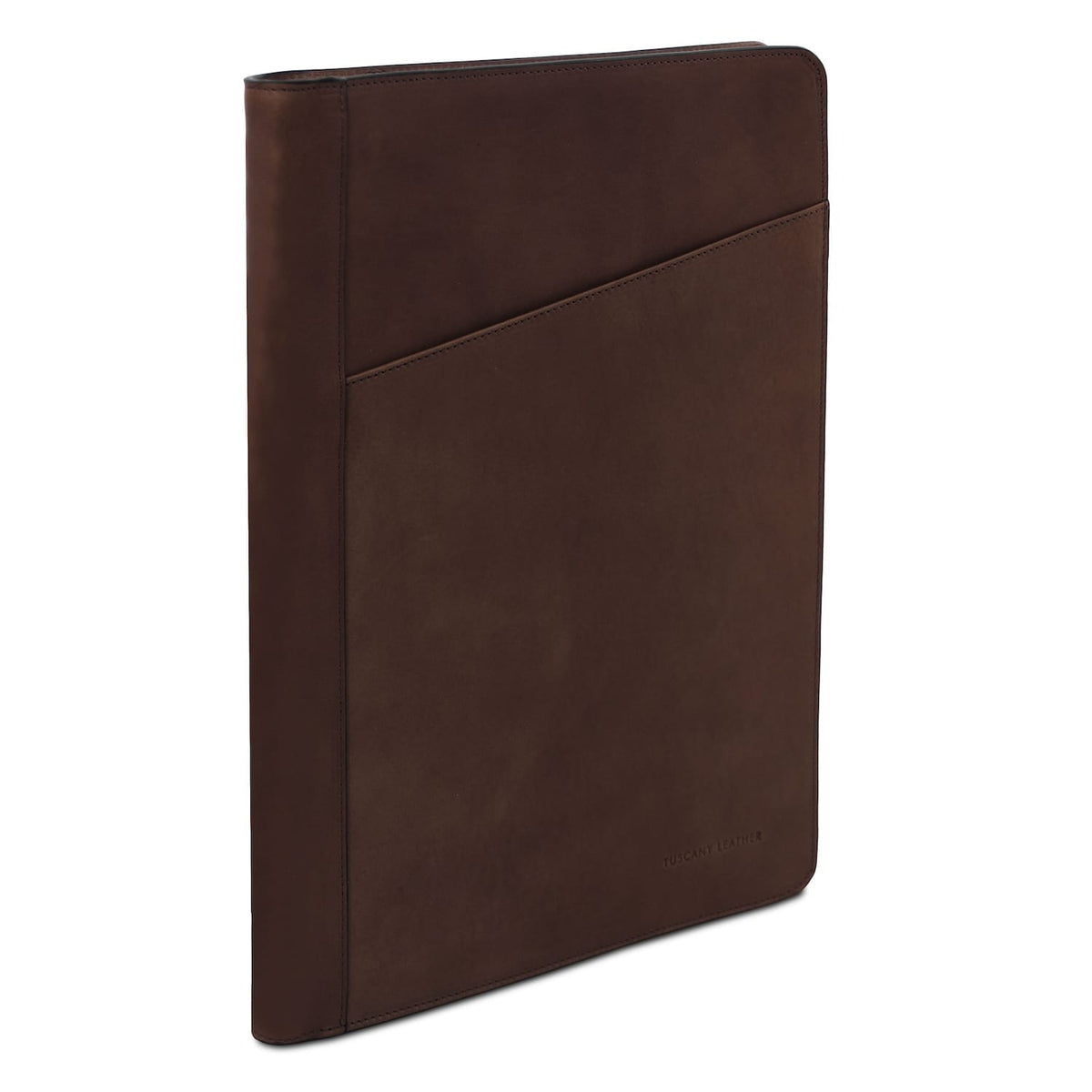 Brown leather document case with diagonal front pocket.