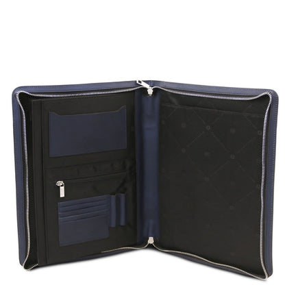 Open navy blue Tiberio leather document case showing interior card slots and zip pocket