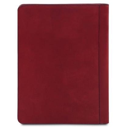 Front view of Tiberio leather document case in red with diagonal pocket and subtle branding