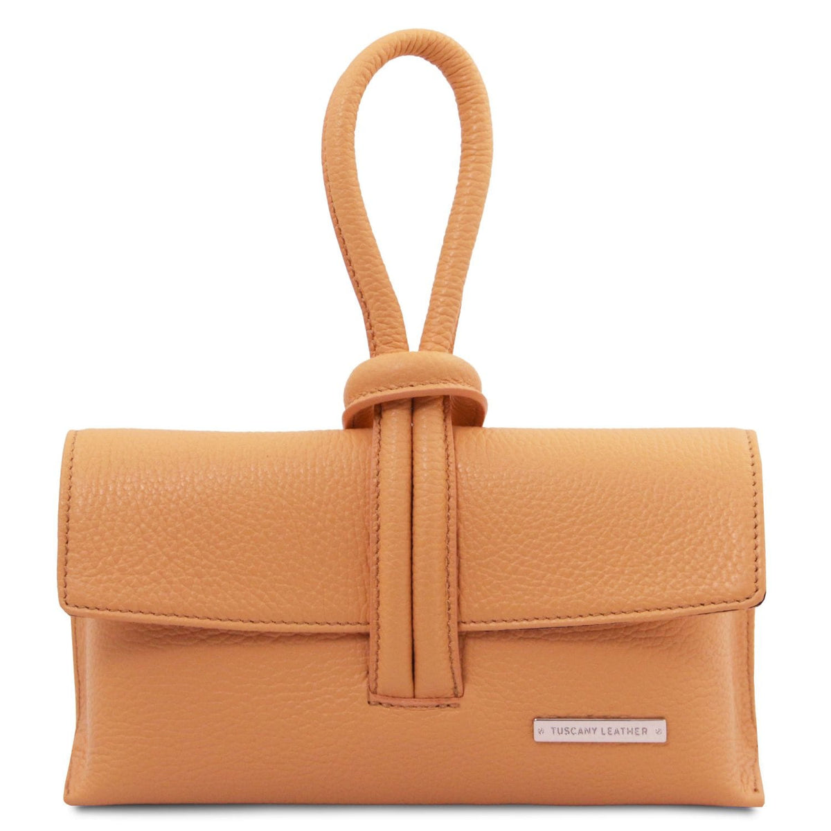 Cognac leather foldover clutch with central vertical wrap strap and loop handvat