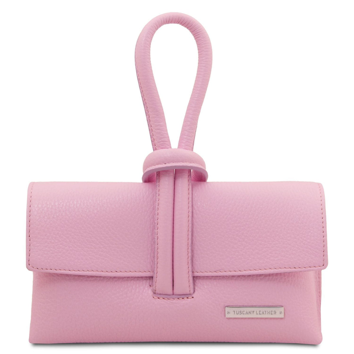Roze foldover leather clutch with wrapped strap and handvat met a metal brand plate