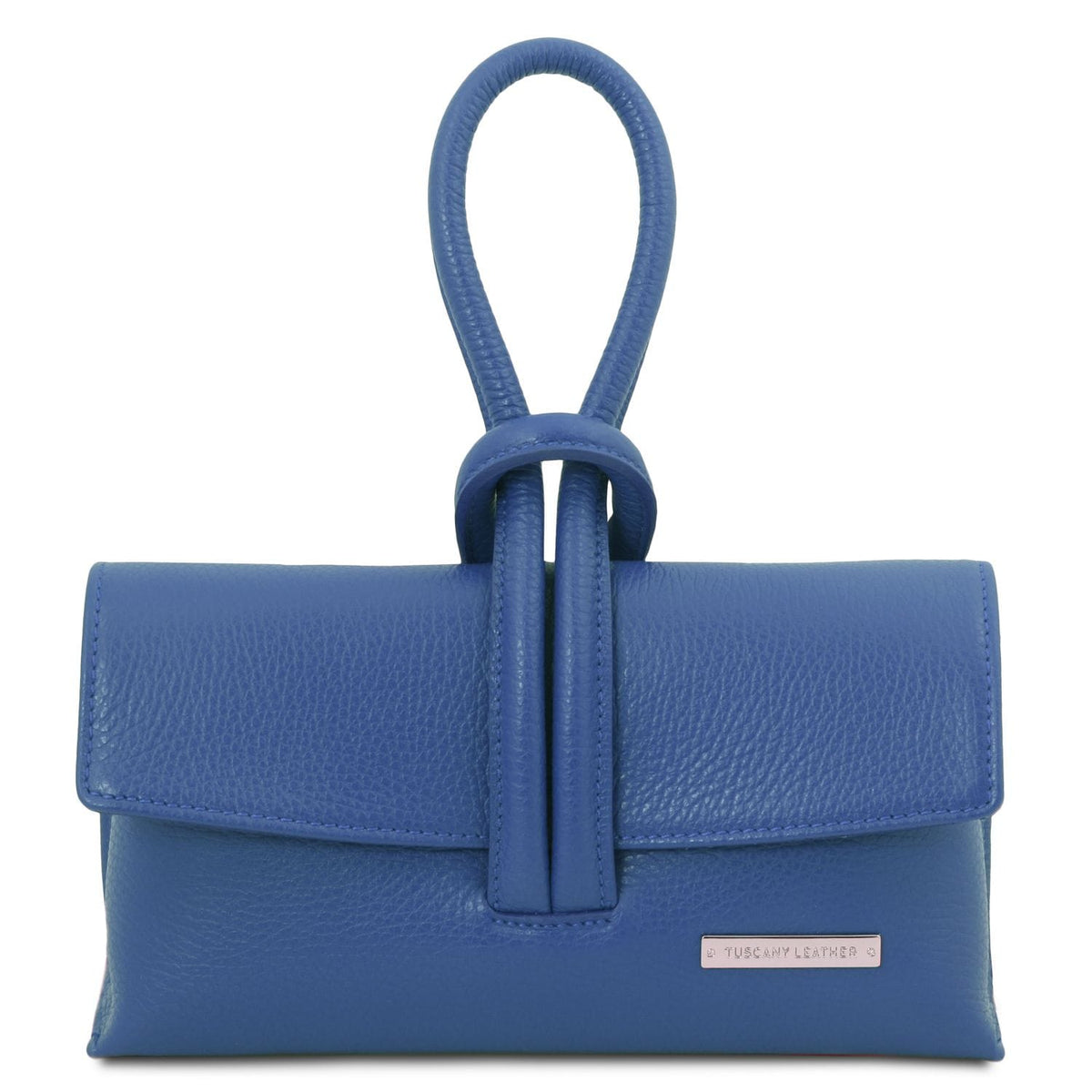 Blue handbag with a strap tegen witte achtergrond