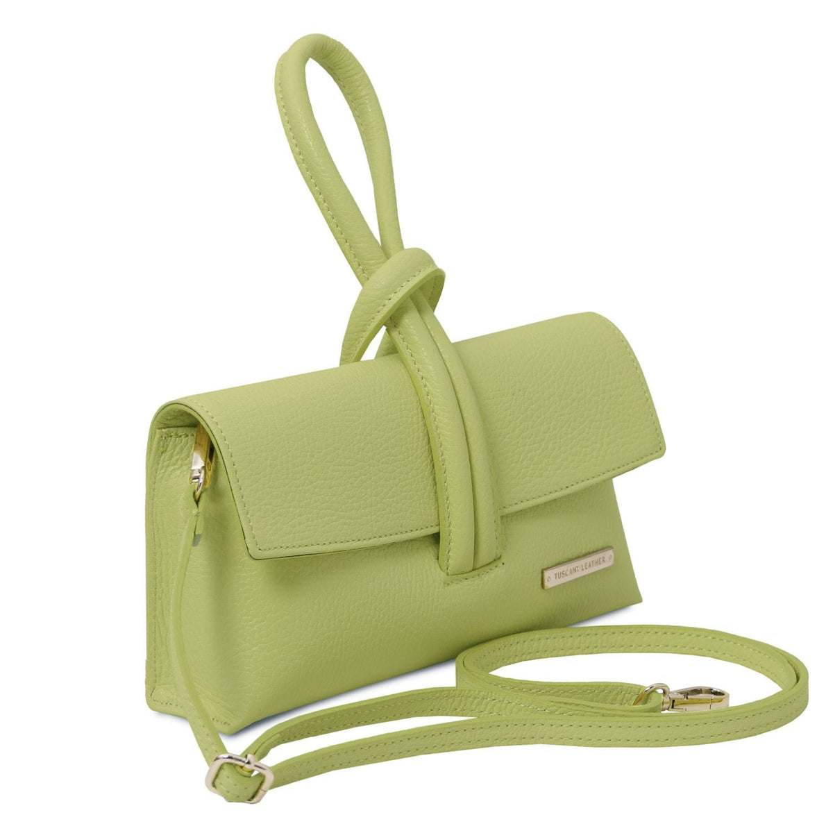 Lime green foldover leather clutch with flap and detachable long strap and goudkleurig beslag