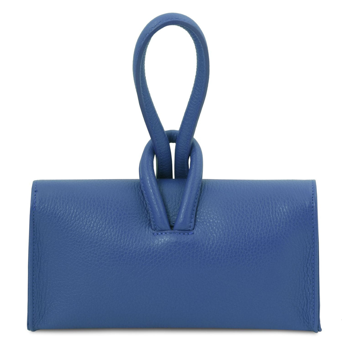 Blauwe leren clutch met omslag en dubbel lus-handvat