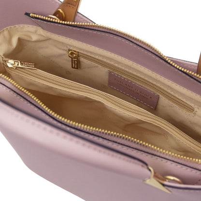 Lavender Italian leather handbag interior with beige lining and zip pocket