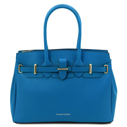 Blue leather handbag with structured silhouette, dual top handles, and gold-tone hardware accents, crafted from smooth Italian leather.