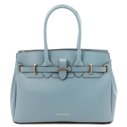 Light blue leather handbag with double handles and gold-tone buckle details, crafted from smooth Italian leather.