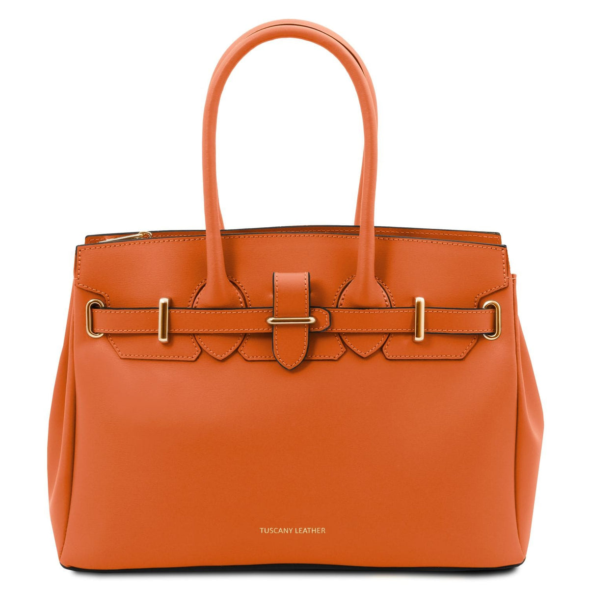 Orange handbag with gold hardware on a white background
