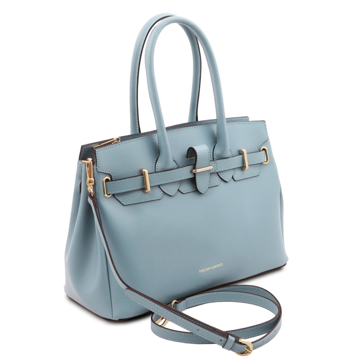 Sleek blue leather handbag with double top handles, gold-tone hardware, and detachable shoulder strap on white background.