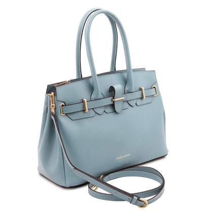 Sleek blue leather handbag with double top handles, gold-tone hardware, and detachable shoulder strap on white background.