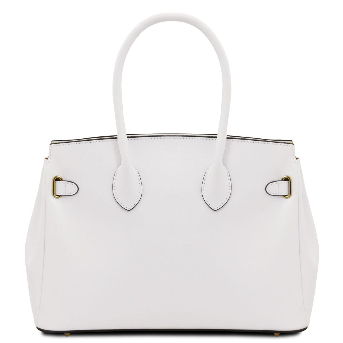 White leather handbag with structured silhouette, rounded handles, and subtle gold-tone hardware accents.