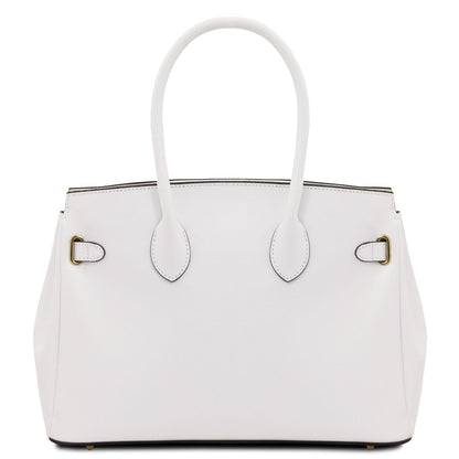 White leather handbag with structured silhouette, rounded handles, and subtle gold-tone hardware accents.