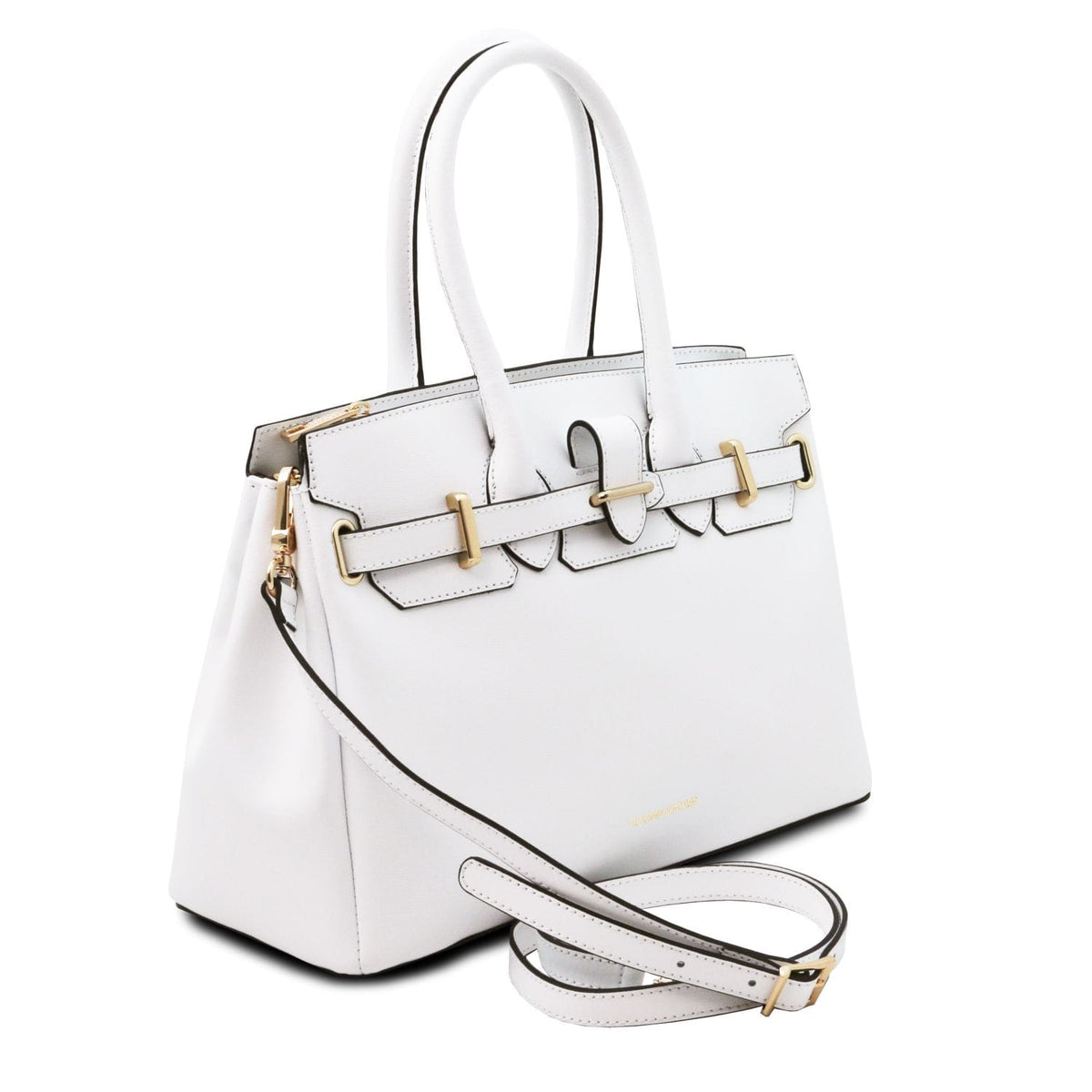 White Italian leather handbag with structured silhouette, top handles, detachable shoulder strap, and gold-tone hardware accents.