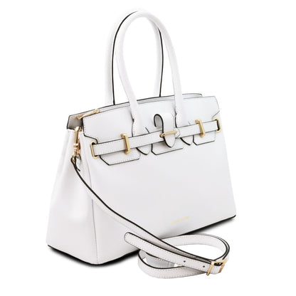 White Italian leather handbag with structured silhouette, top handles, detachable shoulder strap, and gold-tone hardware accents.
