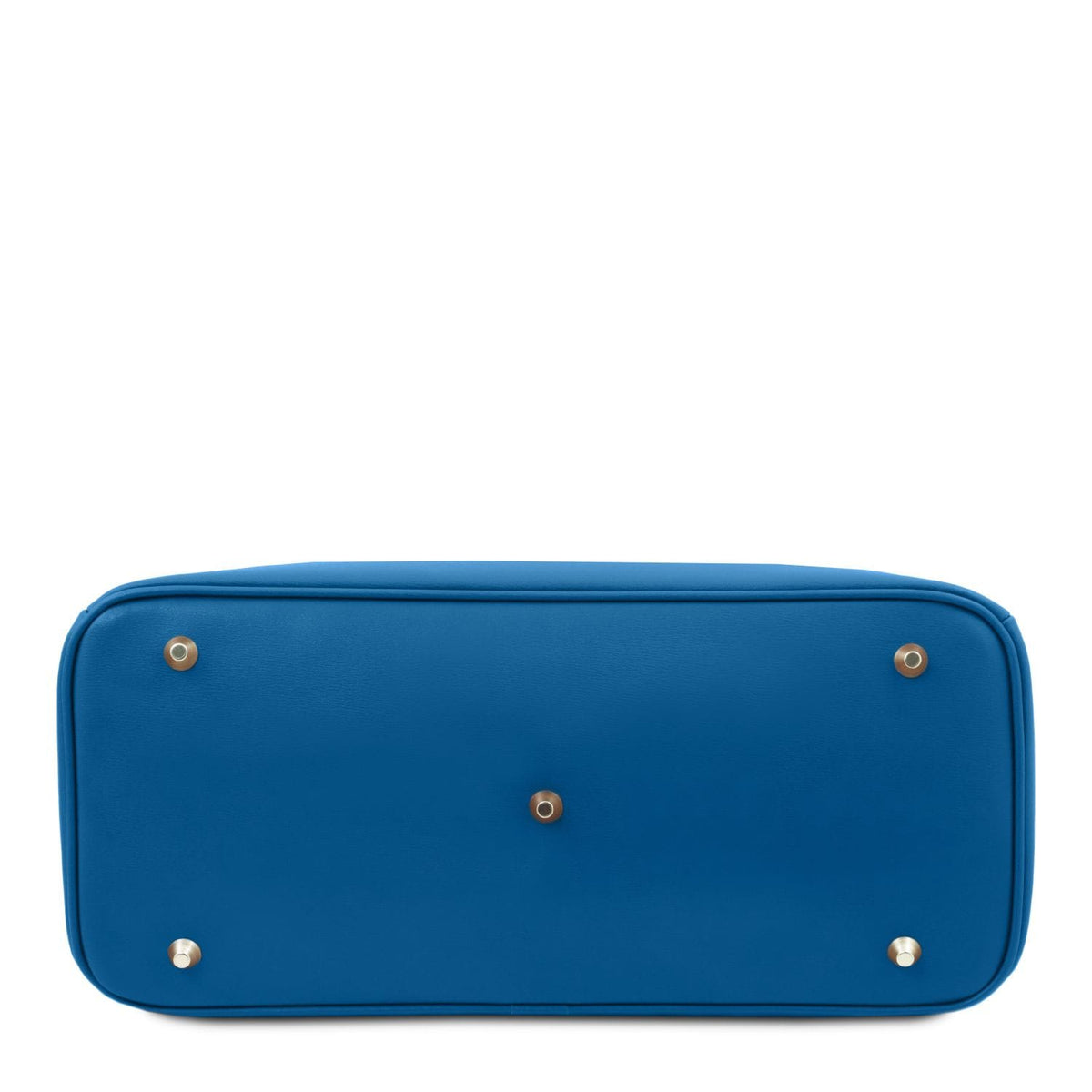 Bottom view of a structured blue leather handbag featuring five protective metal feet on a smooth leather base.